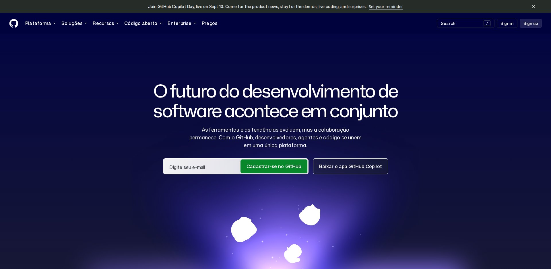 Página inicial do GitHub em português, com o título O futuro do desenvolvimento de software acontece em conjunto e os botões de inscrição