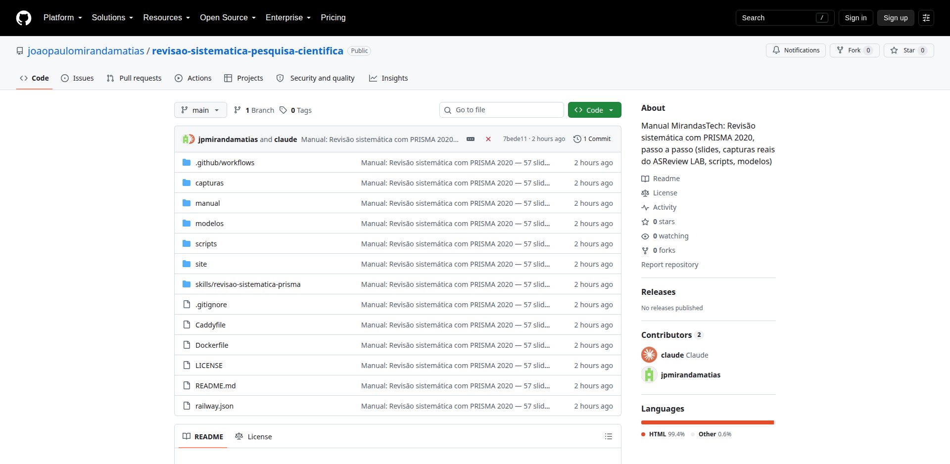 Página inicial de um repositório público no GitHub com a árvore de arquivos, o README renderizado abaixo, a caixa About, Releases e Languages na barra lateral