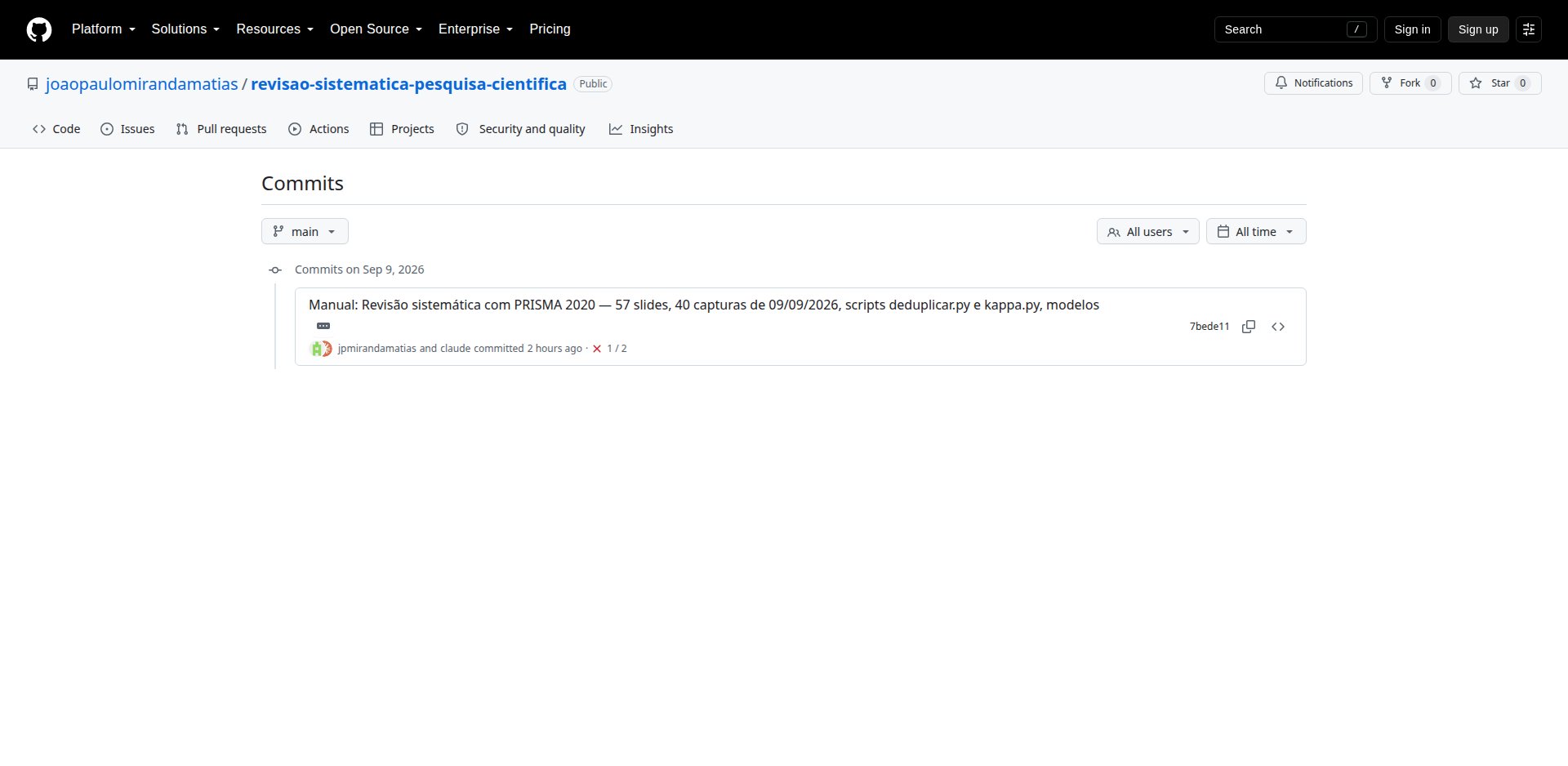 Lista de commits de um repositório público no GitHub, com mensagem, autor, data e identificador de cada commit