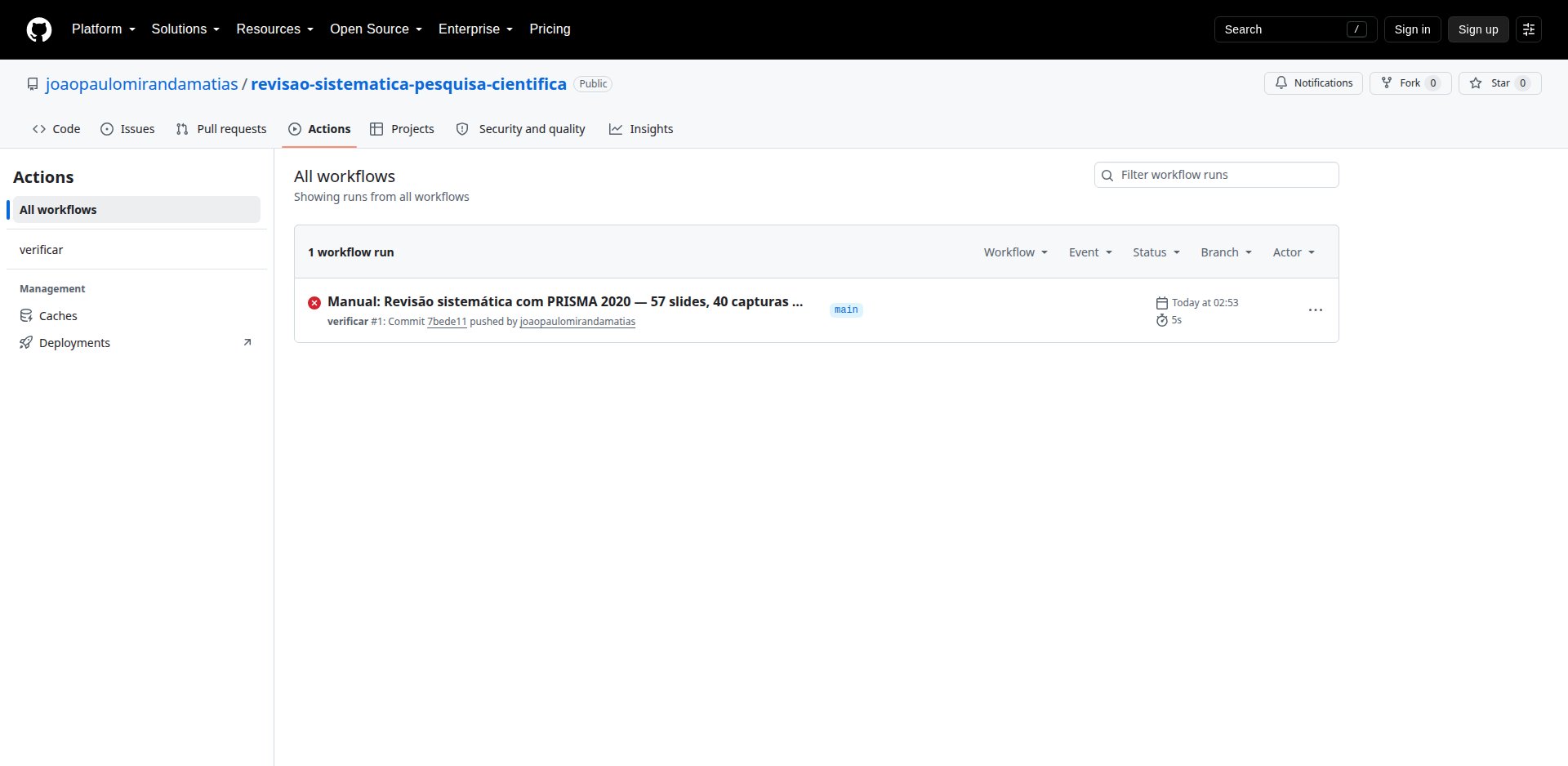 Aba Actions de um repositório público no GitHub com o workflow verificar executado