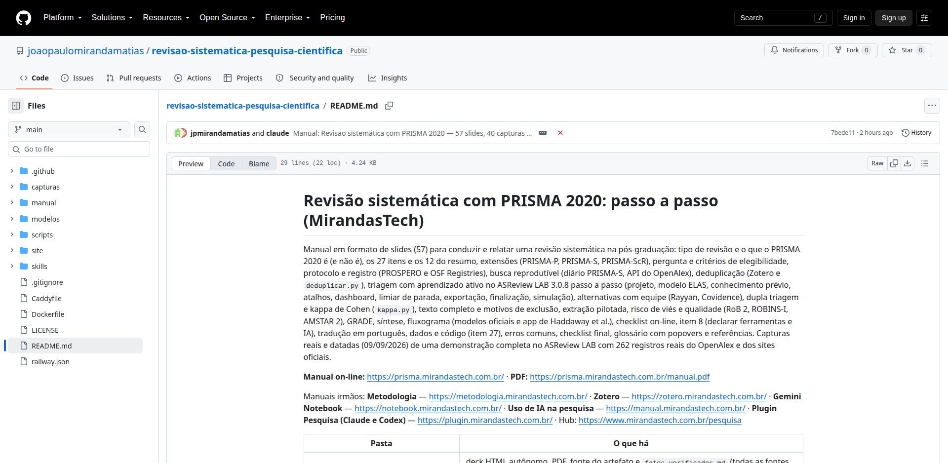 Arquivo README.md aberto no navegador do GitHub, com o conteúdo renderizado e os botões de editar e ver o código-fonte