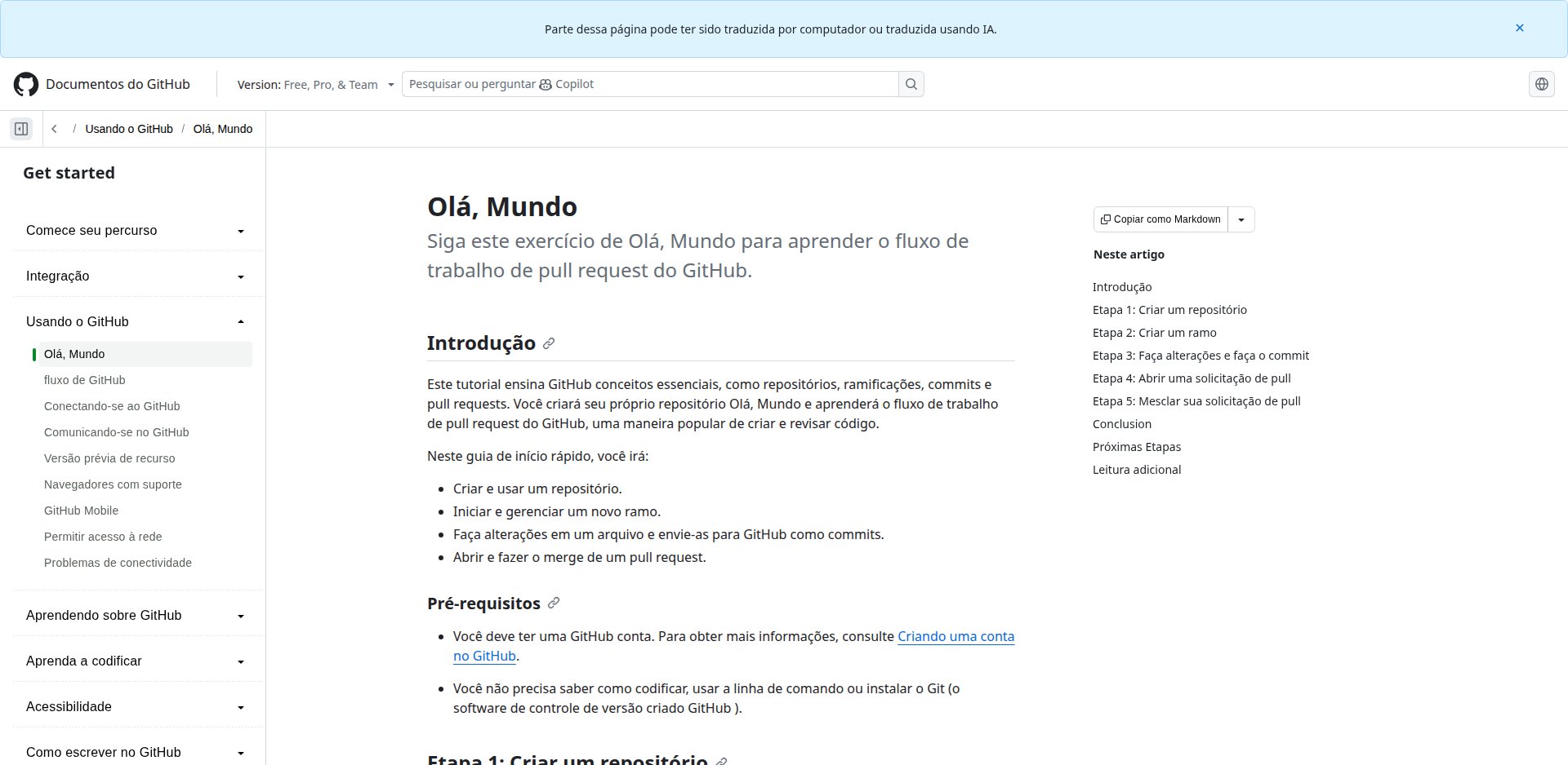 Documentação do GitHub em português, Olá Mundo, com o tutorial de criar branch, editar o README, abrir e mesclar um pull request