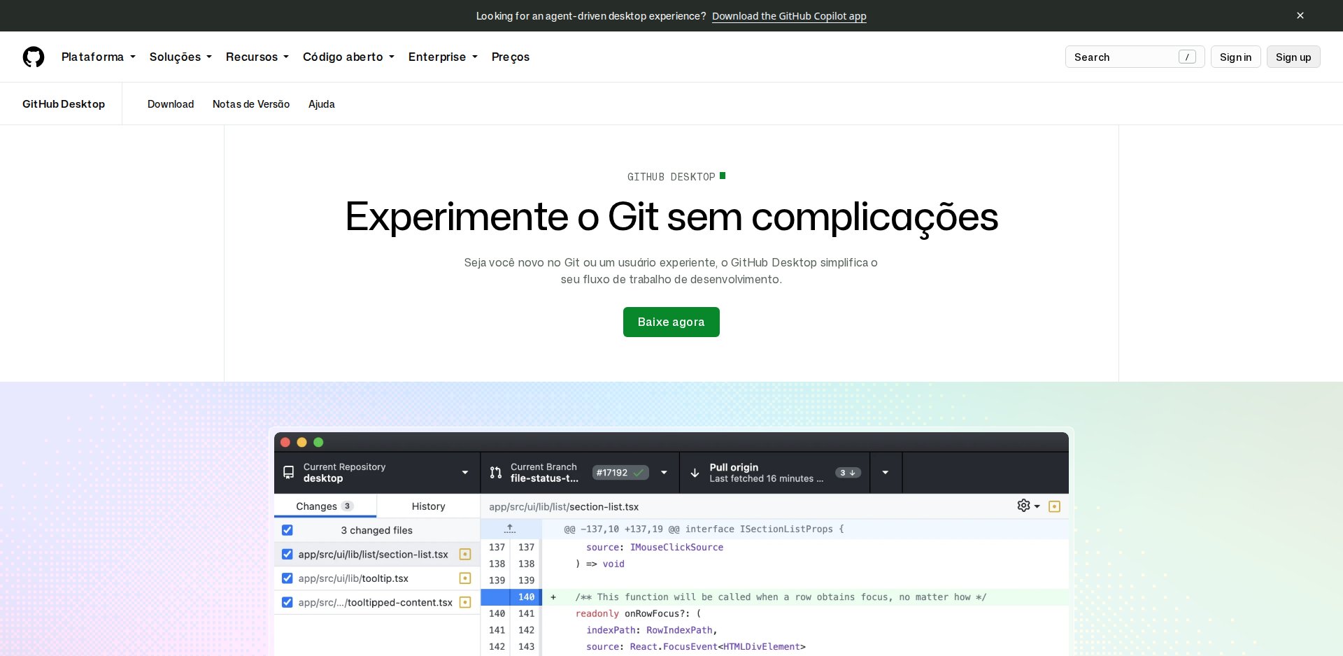 Página do GitHub Desktop com o slogan Experimente o Git sem complicações e o botão de download