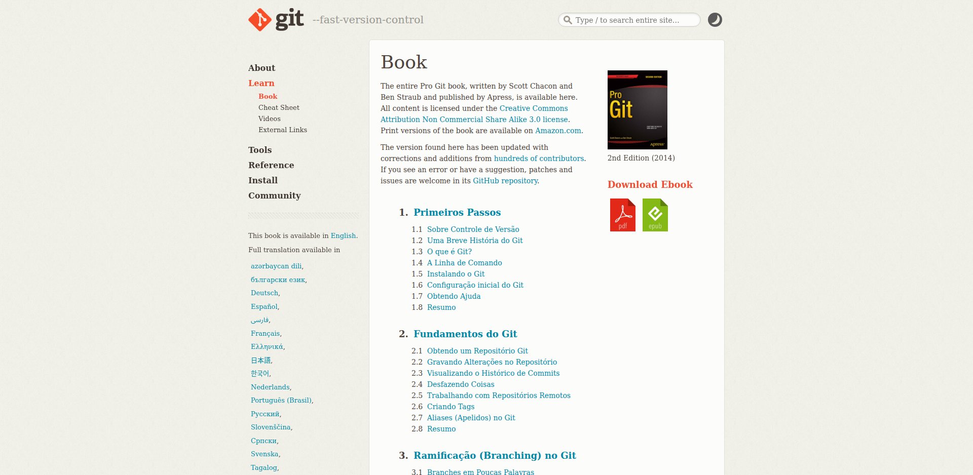 Sumário do livro Pro Git, segunda edição, em português do Brasil no site git-scm.com, com os capítulos Primeiros Passos, Fundamentos do Git, Ramificação e os demais