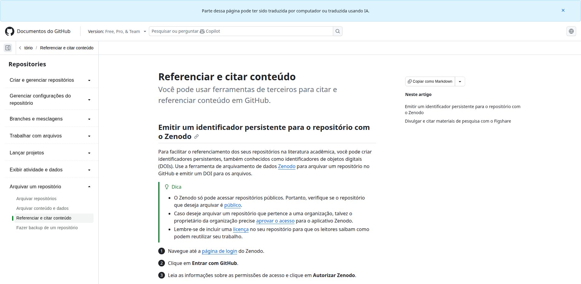 Documentação do GitHub em português, Referenciar e citar conteúdo, com os passos para emitir um DOI pelo Zenodo