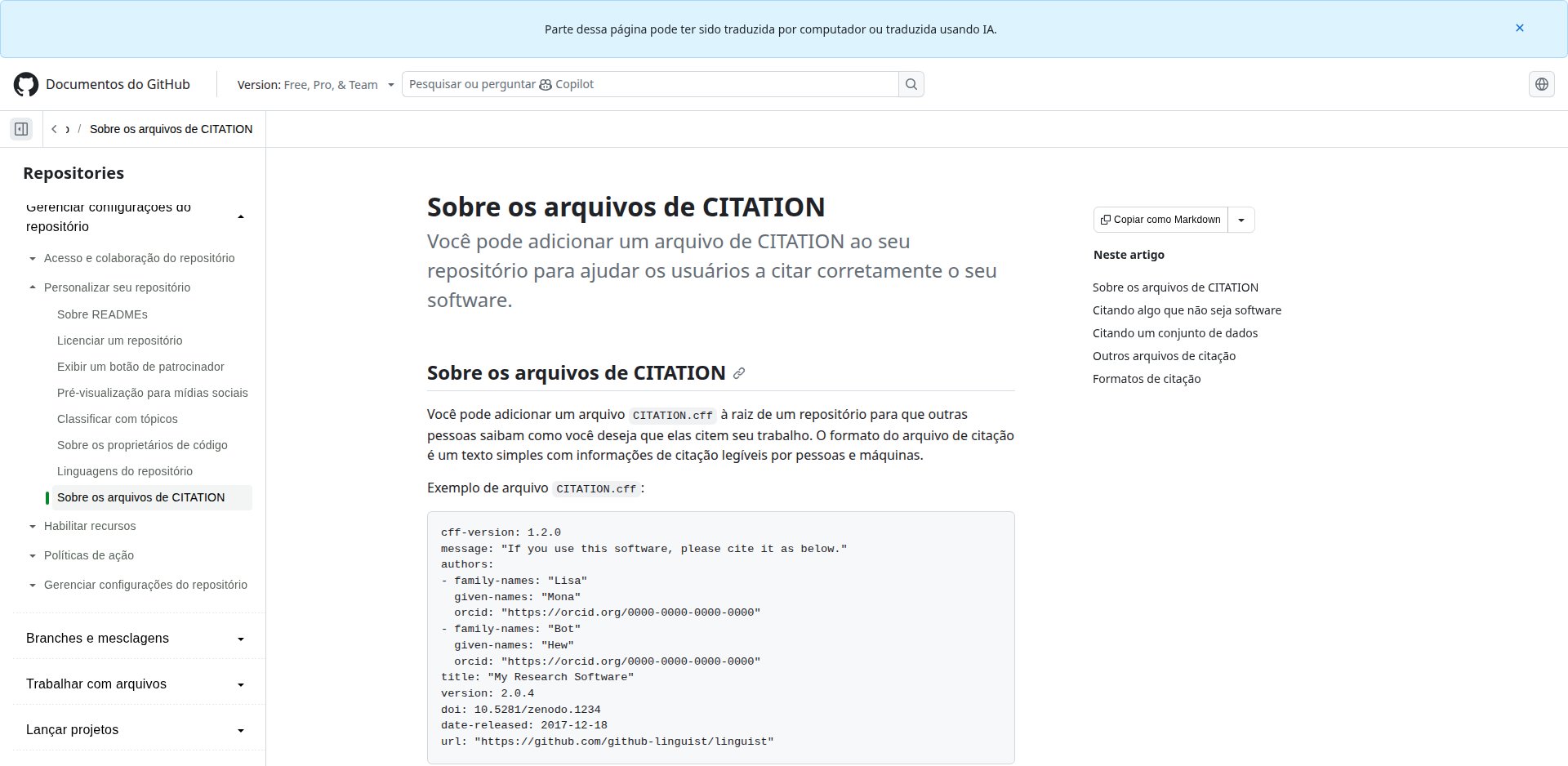 Documentação do GitHub em português, Sobre os arquivos de CITATION, com um exemplo de CITATION.cff e a explicação do botão Cite this repository