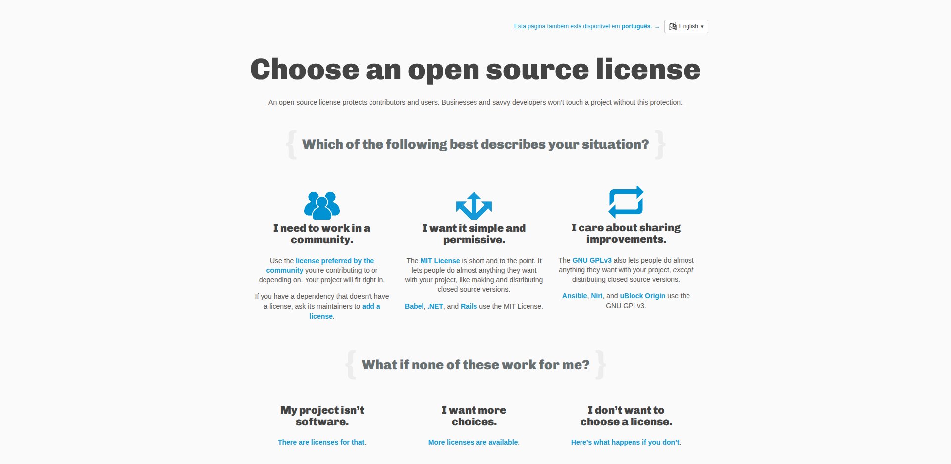 Página choosealicense.com com as licenças MIT e GNU GPLv3 em destaque e os links para outras licenças e para projetos que não são software