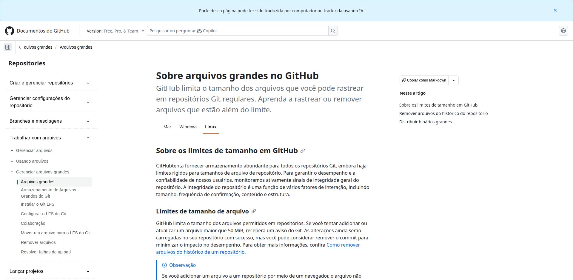Documentação do GitHub em português, Sobre arquivos grandes no GitHub, com os limites de tamanho por arquivo e por repositório