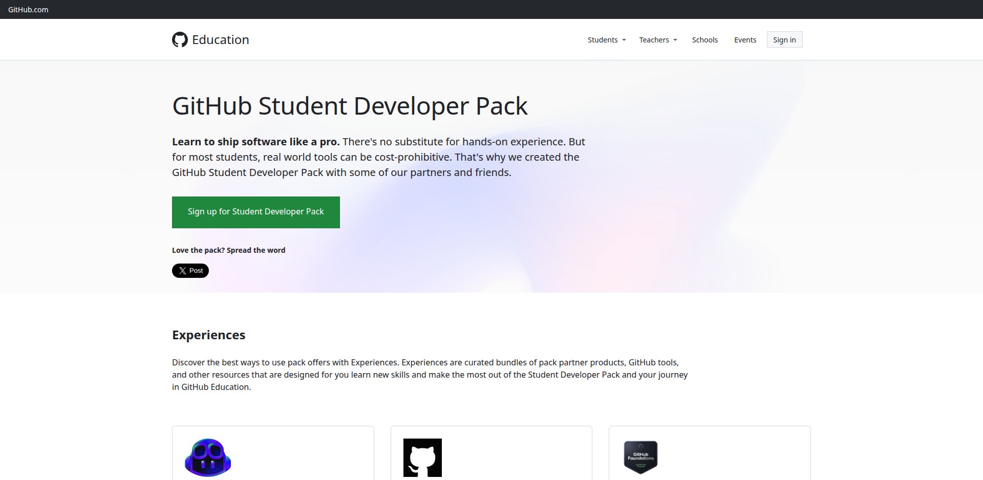 Página do GitHub Student Developer Pack com a oferta de GitHub Pro gratuito para estudantes e ferramentas de parceiros