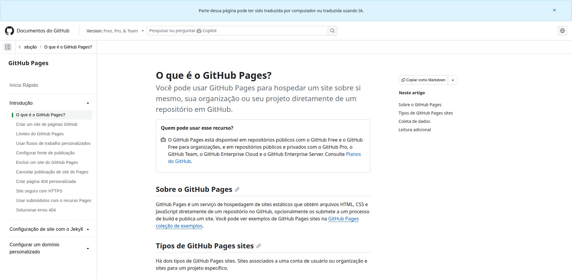 Documentação do GitHub em português, O que é o GitHub Pages, explicando a hospedagem de sites estáticos a partir de um repositório