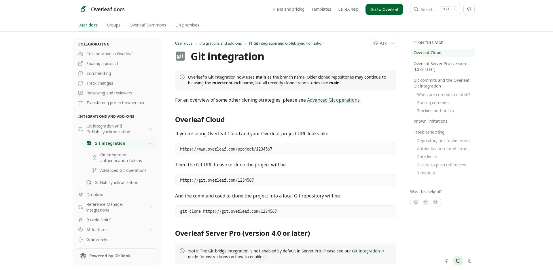 Documentação do Overleaf sobre Git integration e GitHub synchronization, indicando que são recursos premium e como clonar o projeto