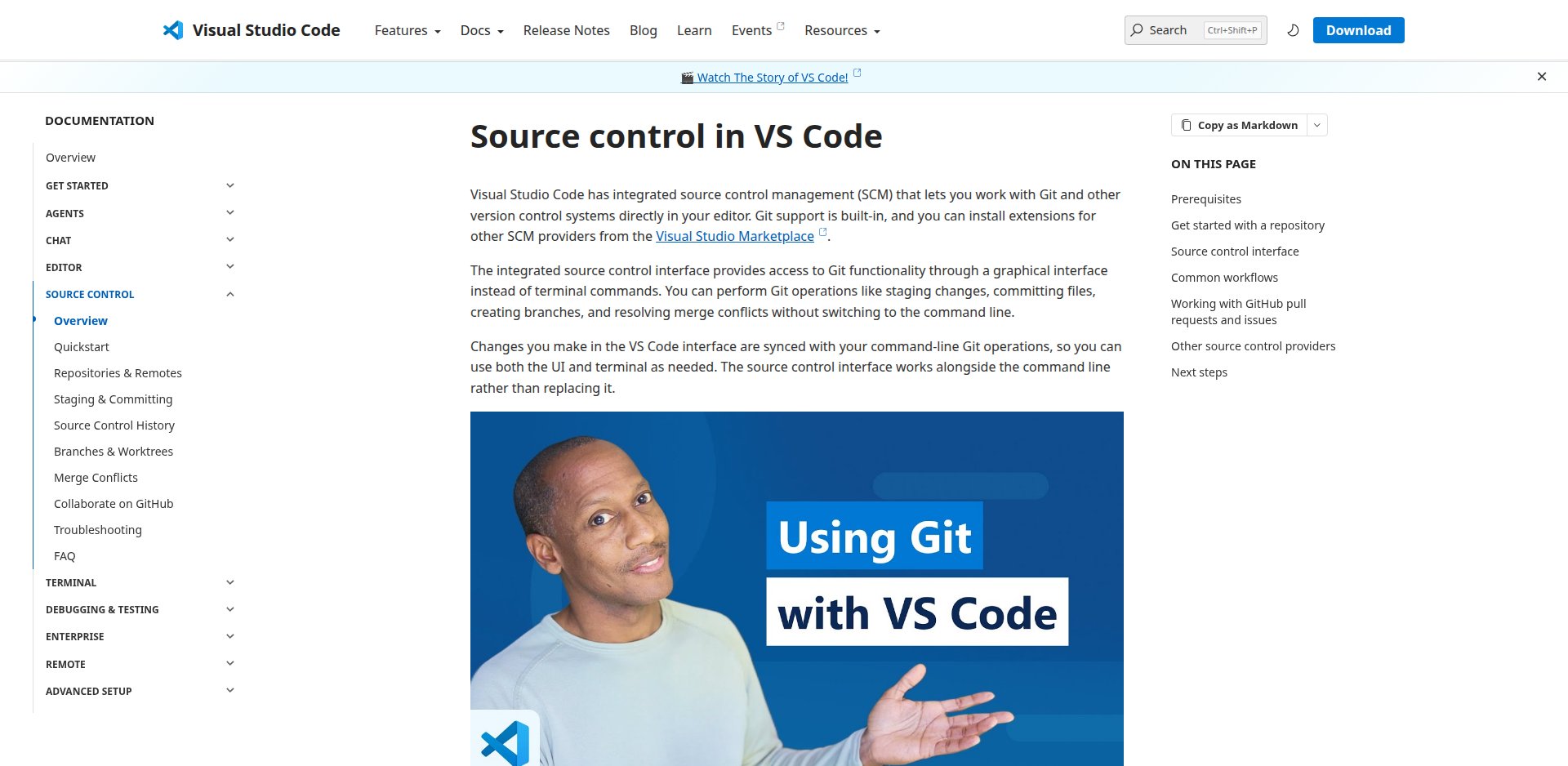 Documentação Source control in VS Code, com a visão Source Control, o staging por arquivo e o commit com mensagem