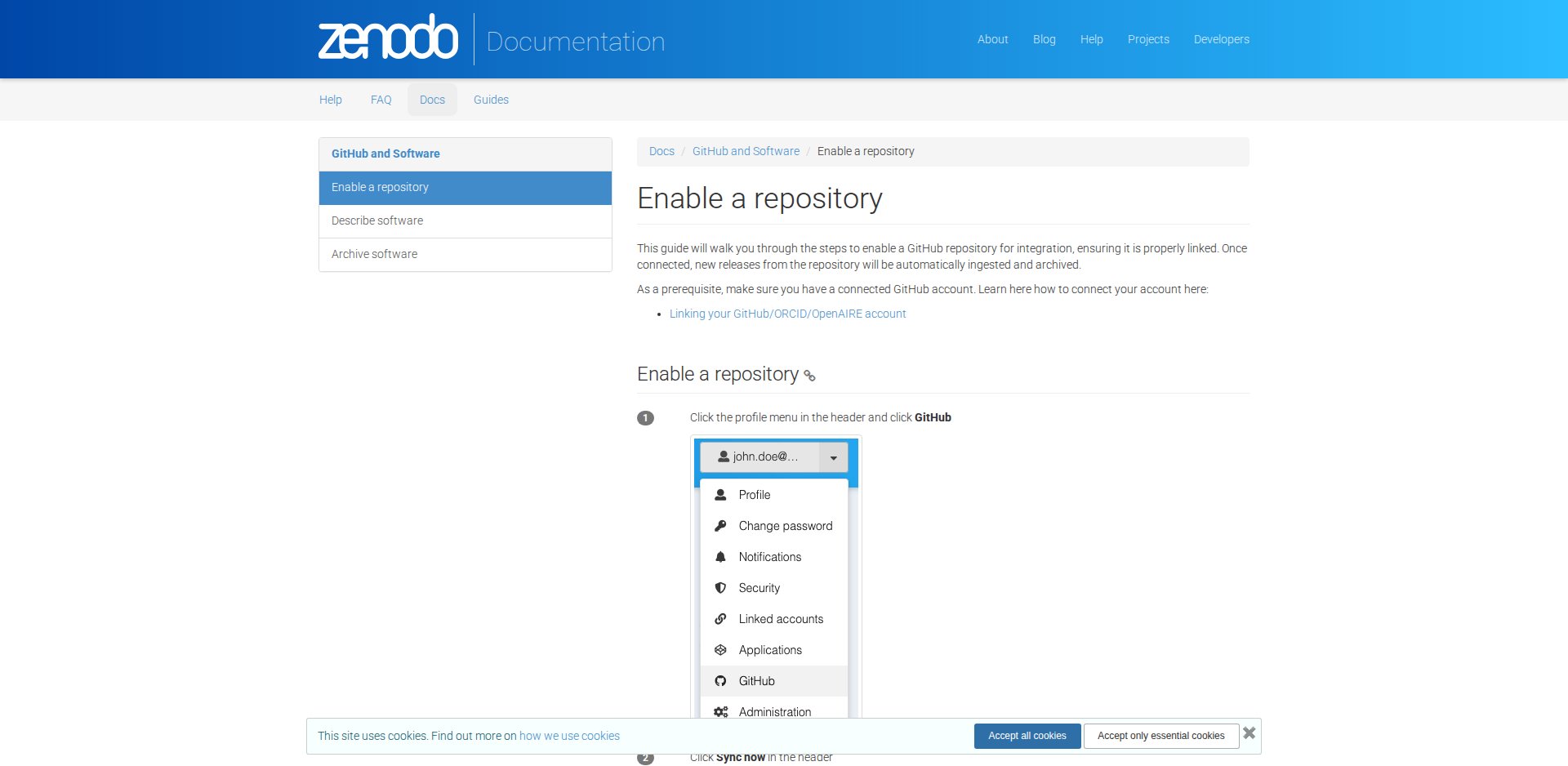 Página Enable a repository da ajuda do Zenodo, com a captura do menu do perfil apontando para GitHub e a explicação do controle deslizante