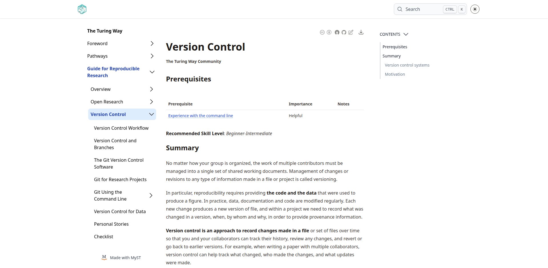 Capítulo Version Control do The Turing Way, com a introdução sobre controle de versão e proveniência