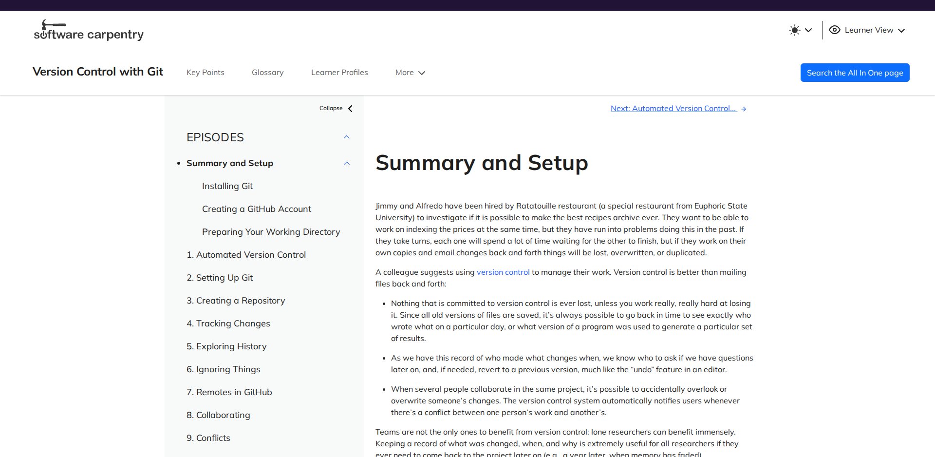 Página da oficina Version Control with Git do Software Carpentry com a lista de episódios