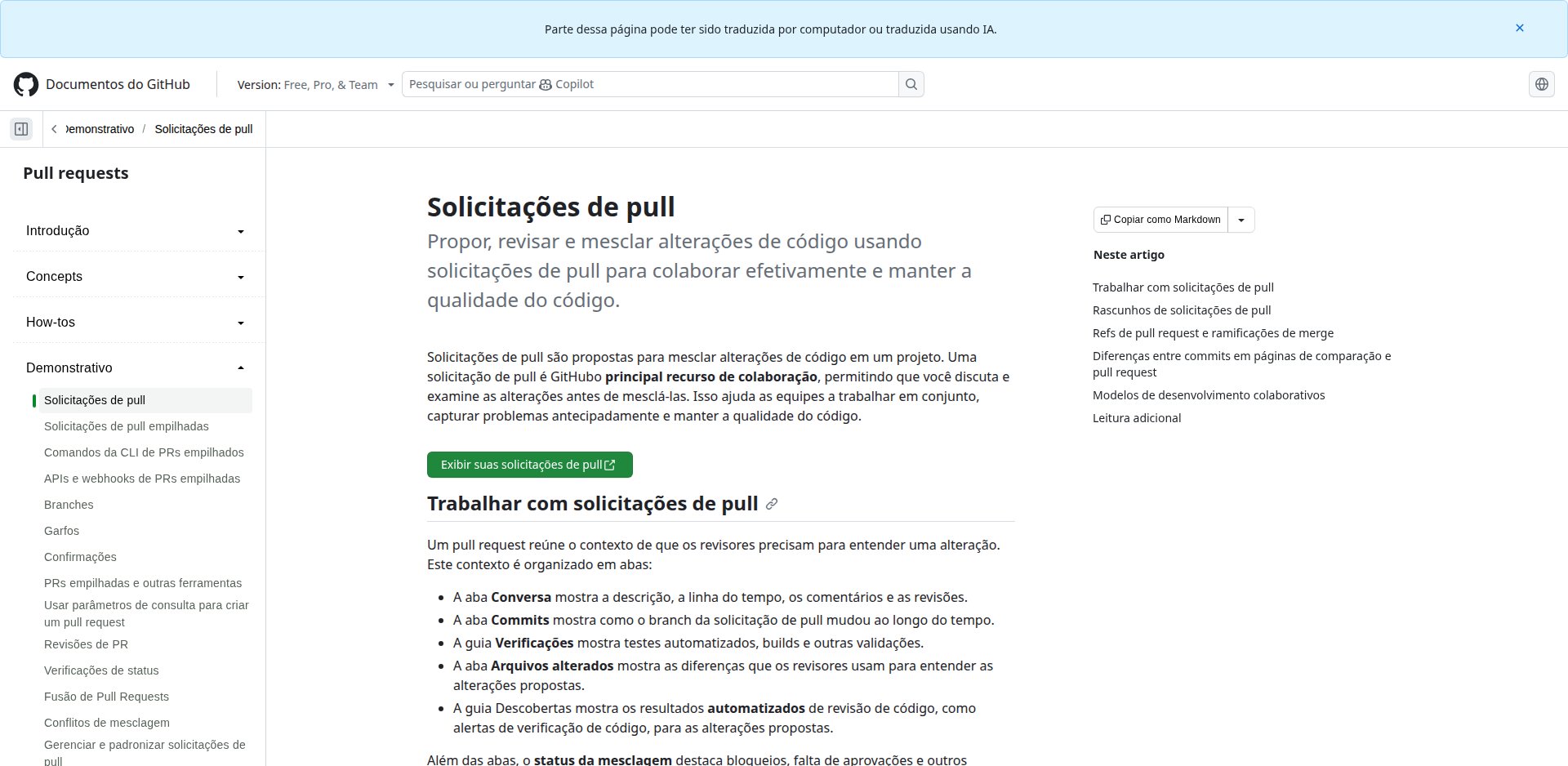 Documentação do GitHub em português, Solicitações de pull, explicando como propor mudanças de um branch para outro com revisão
