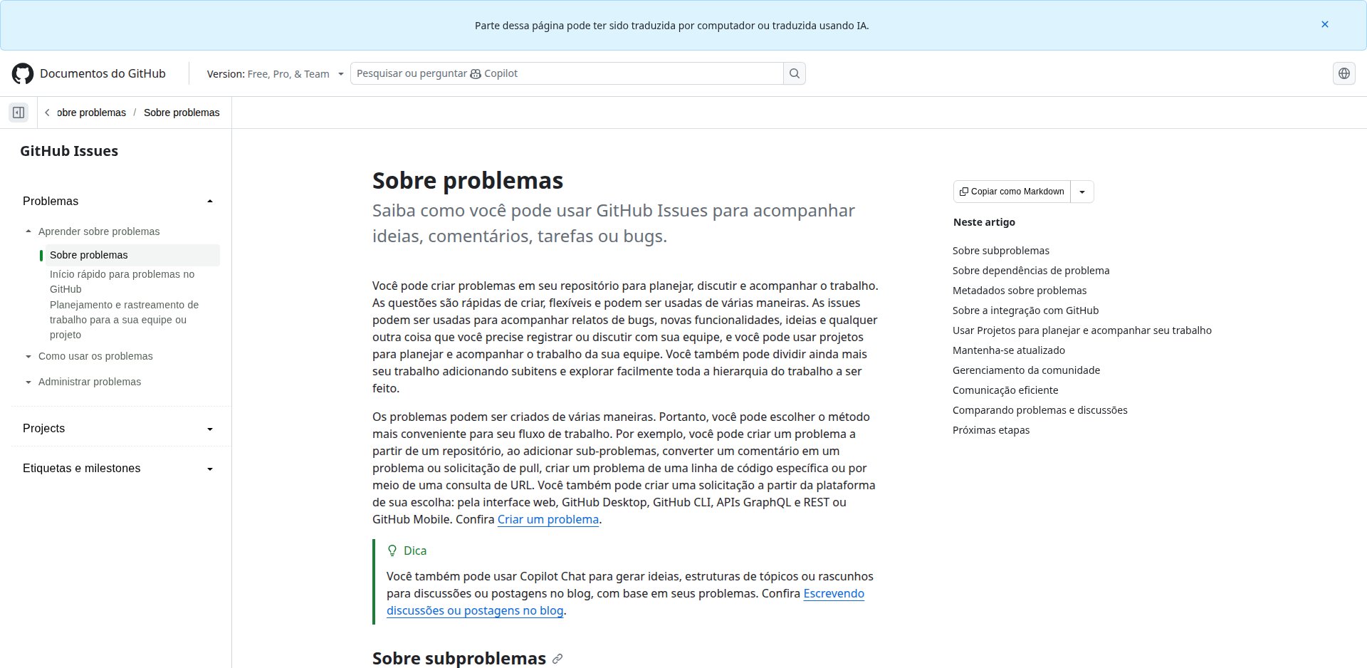 Documentação do GitHub em português, Sobre problemas, explicando o uso de issues para rastrear tarefas, bugs e ideias