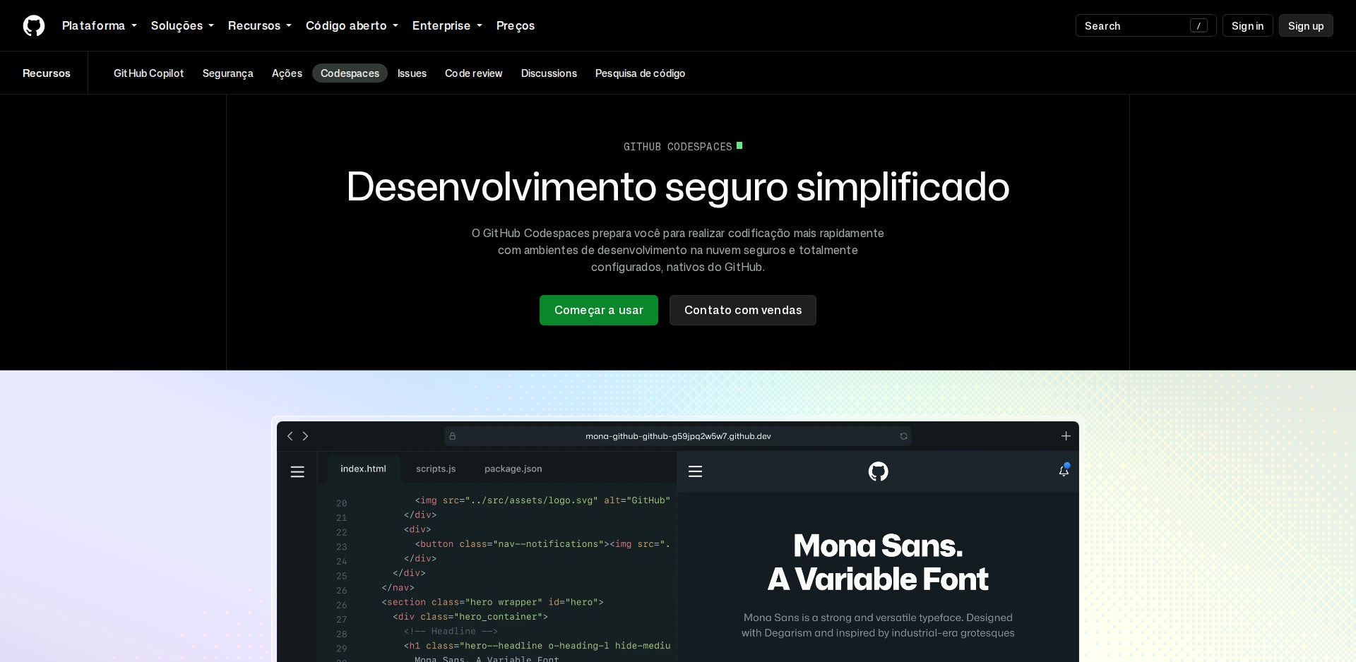 Página do GitHub Codespaces apresentando o ambiente de desenvolvimento hospedado na nuvem