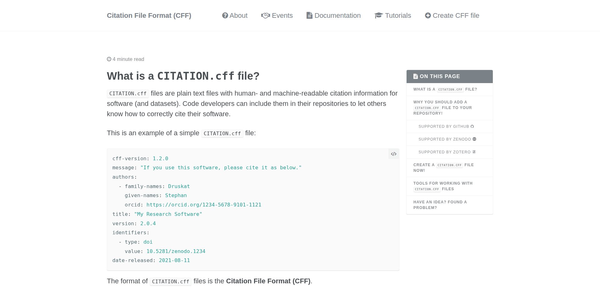 Site do Citation File Format, citation-file-format.github.io, com a descrição do formato, a versão 1.2.0 e as ferramentas cffinit e cff-converter-python