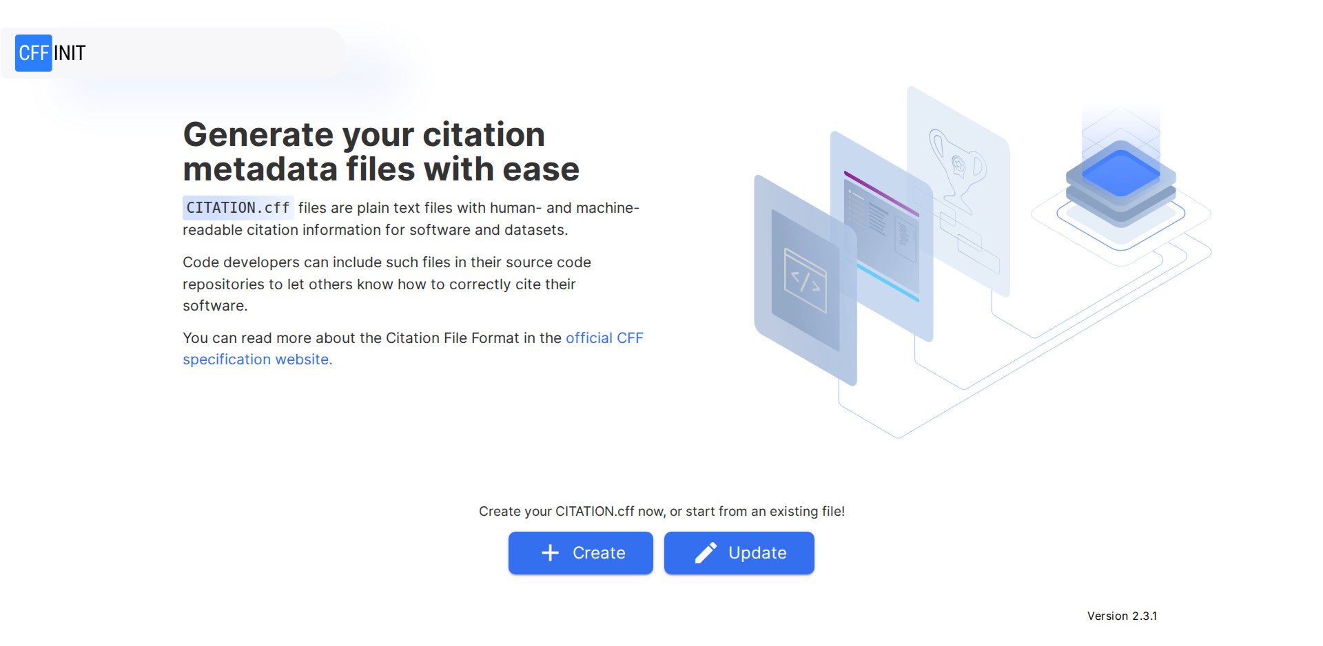 Página do cffinit com os botões Create e Update para criar ou atualizar um arquivo CITATION.cff