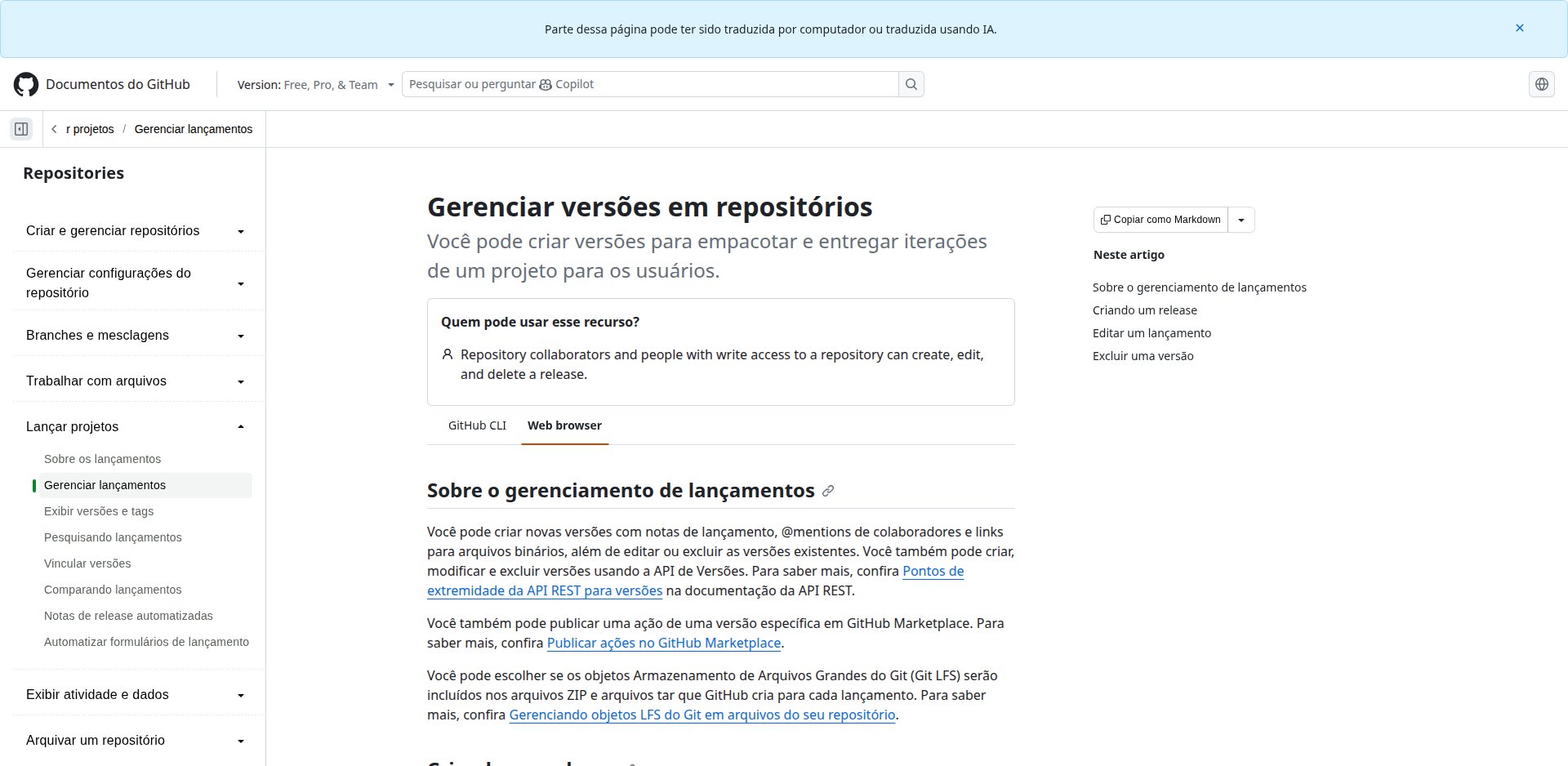 Documentação do GitHub em português, Gerenciar versões em repositórios, com os passos para criar uma release
