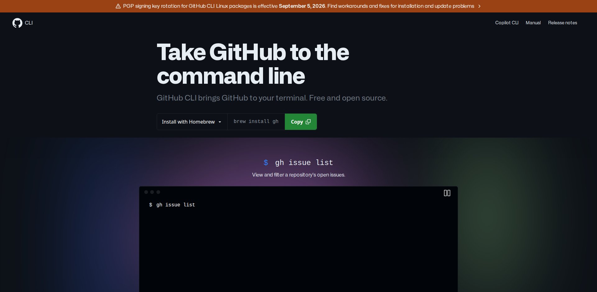 Página da GitHub CLI com o slogan GitHub CLI brings GitHub to your terminal e os comandos de instalação
