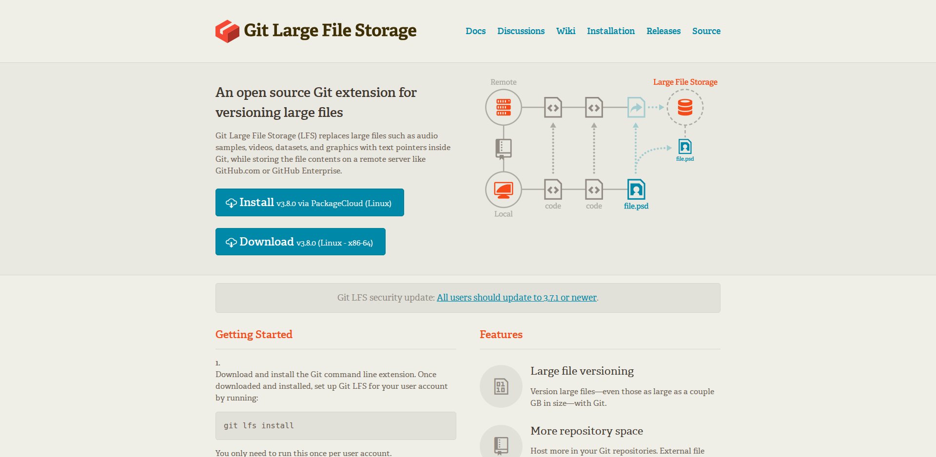 Página do Git Large File Storage com a descrição da ferramenta e os comandos git lfs install e git lfs track
