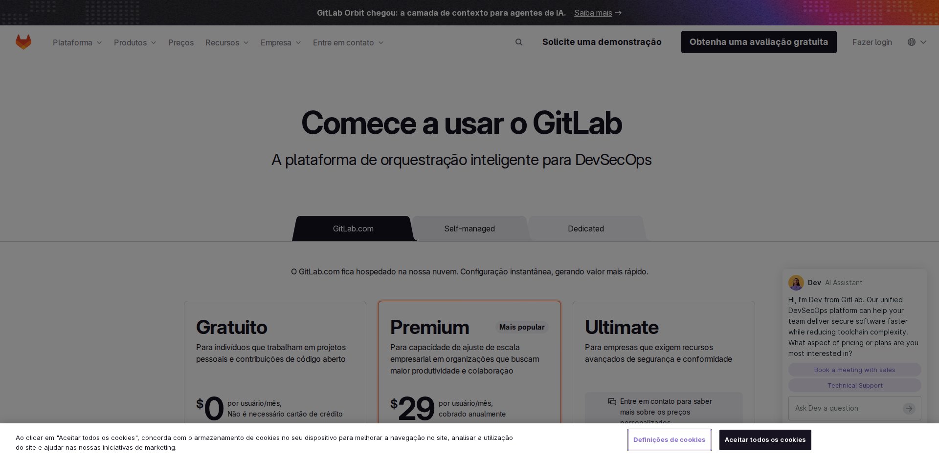 Página de preços do GitLab em português com os planos Gratuito, Premium e Ultimate