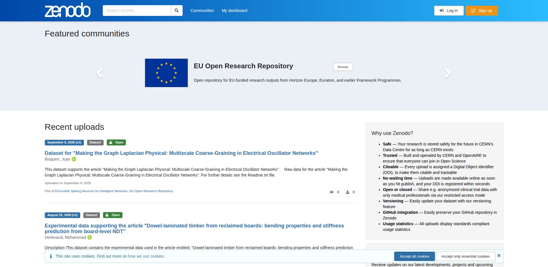 Página inicial do Zenodo, repositório de pesquisa aberto que emite DOI