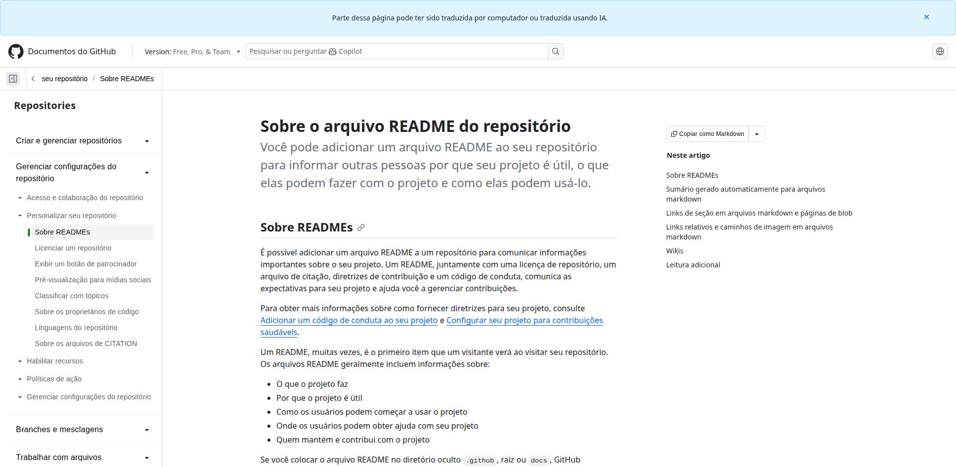 Documentação do GitHub em português, Sobre o arquivo README do repositório, com o que um README deve conter e onde o GitHub o procura