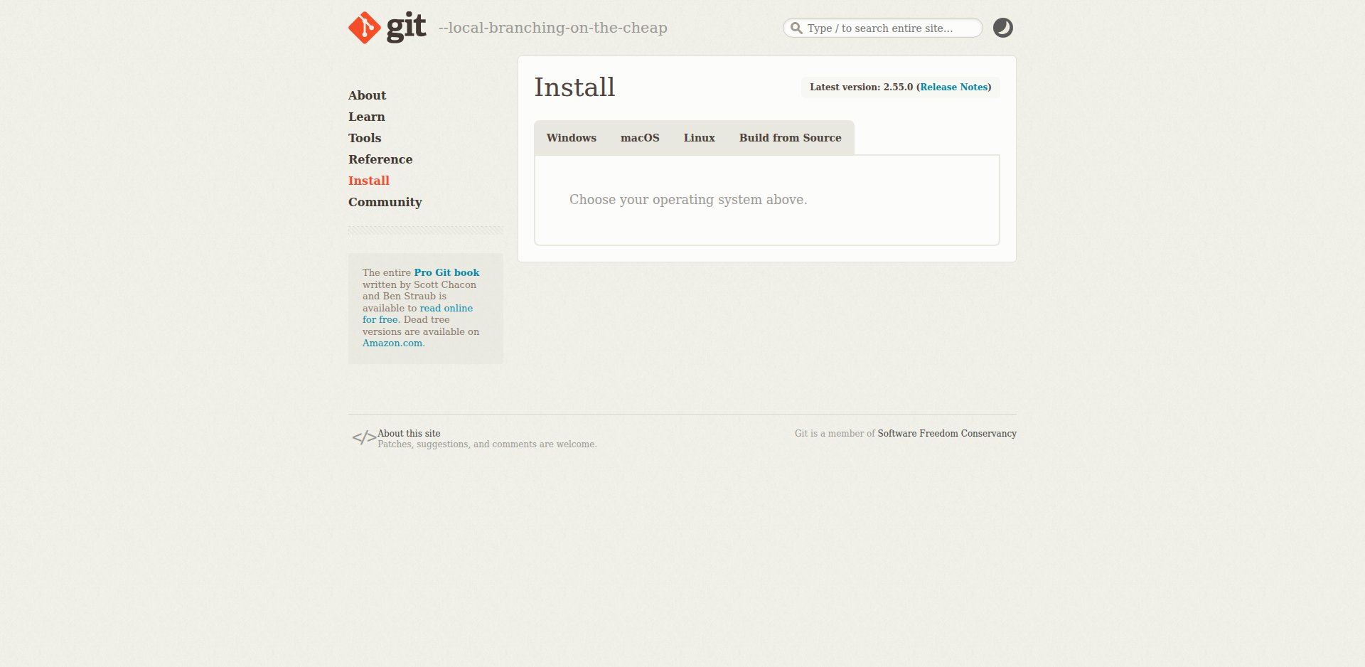 Página de instalação do Git (git-scm.com/install) com as abas Windows, macOS e Linux e a versão 2.55.0